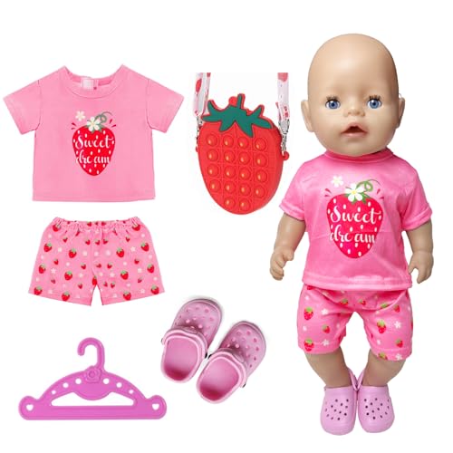Xerteam Puppenkleidung 43 cm, für 30-45 cm Baby Puppen, Puppenzubehör-Erdbeer-Pyjama, Erdbeer Tasche für Kinder, Kleiderbügel, Schuhe Mit Kleinen Löchern, Erdbeersüß-Stil (Ohne Puppe) Xerteam Puppenkleidung 43 cm, für 30-45 cm Baby Puppen, Puppenzubehör-Erdbeer-Pyjama, Erdbeer Tasche für Kinder, Kleiderbügel, Schuhe Mit Kleinen Löchern, Erdbeersüß-Stil (Ohne Puppe) von Xerteam