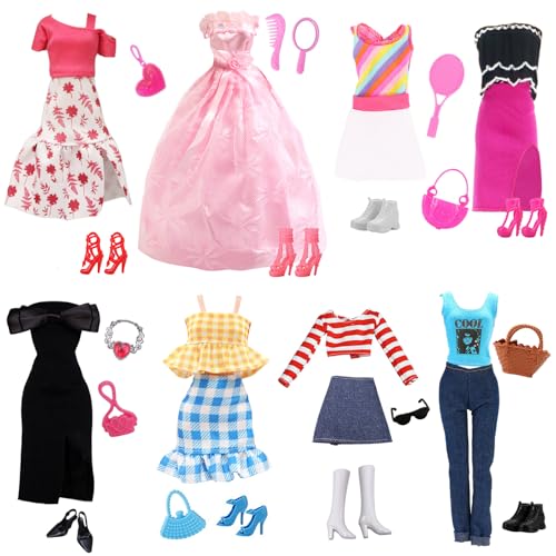 31 Puppen Kleider und Zubehör, Kleidung Set mit 1 Rosa Prinzessin Set 3 Süß Kleid Set 3 Röcke Set 2 Denim Outfit Set 8 Schuhe 5 Handtasche 5 Zubehör, Fashion Pack Kompatibel mit 30cm Puppen von Xerteam