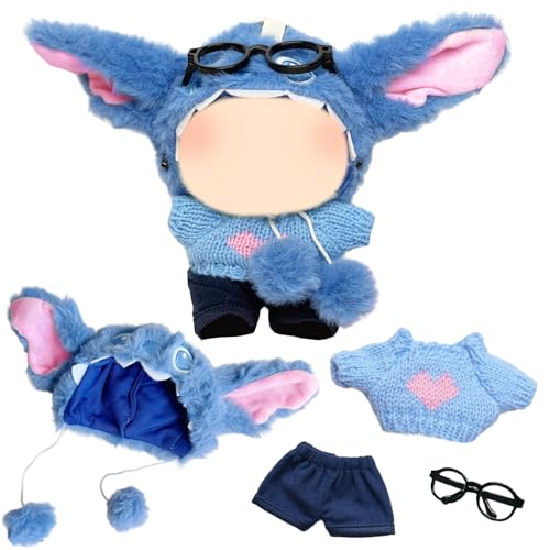 Xerteam Kleidung für 17cm Plüschpuppe, 4 Stück Blauer Hund Kopfbedeckung Pullover Hose Brille, Plüsch Puppe Zubehör Kleidungsset, Junge und Mädchen(Ohne Puppe) von Xerteam