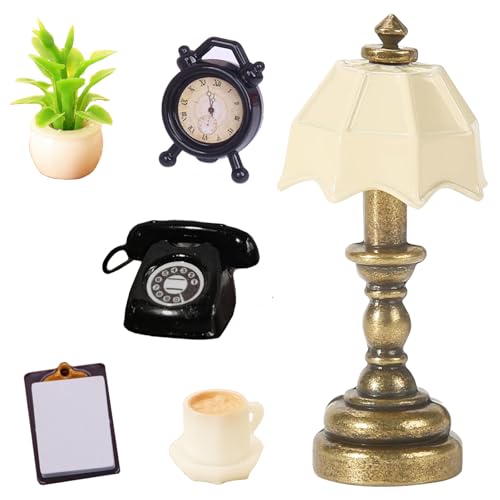 Miniatur Möbel Wichtel Zubehör, Miniatur Zubehör Set Mini Telefon+ Wecker+Tischlampe+Zwischenablage+Kaffeetasse+Topfpflanze, puppenhäuser-zubehör 1:12 für Kinder Deko, Miniaturen Puppenhäuser Geschenk von Xerteam