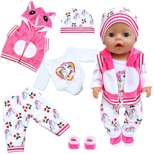 Puppenkleidung 36-43 cm, Baby Puppenkleider Enthält 1 Hut 1 Langarm Top 1 Ärmellose Jacke 1 Hose 1 Paar Socken, 5 Neu Kleidung und Zubehör, Niedliche Tierdrucke Puppensachen für Junge Mädchen Geschenk von Xerteam