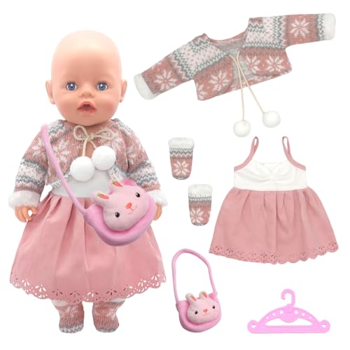 Puppenkleidung für 30–40 cm Babypuppen, 5 Stück Süßes Puppen Kleidung, Mantel, Puppenkleider, Socken, Kleiderbügel, Kleiner Häschen-Plüschtasche, Puppenzubehör Geburtstagsgeschenke für Mädchen (Rosa) von Xerteam