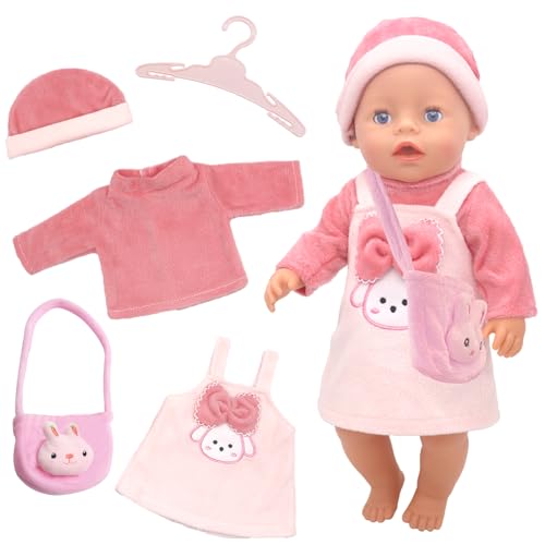 Puppenkleidung für 14-18 Zoll Babypuppen, Sweet Rabbit Outfits Top Kleid Hut Kleiderbügel und Tasche, Rosa Puppenkleidung Kompatibel mit 45cm New Born Baby Dolls Mädchen Geburtstag (Hase) (Keine Puppe von Xerteam