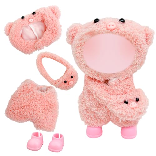 Puppenkleidung für 17 cm große Plüschpuppe, bezaubernde Puppenkleidung, Outfit-Zubehör, 1 Hut + 1 Plüsch-Overall + 1 Schuhe + 1 kleine Tasche, Puppenkleidungszubehör-Set für Mädchen und Sammler (Rosa) von Xerteam
