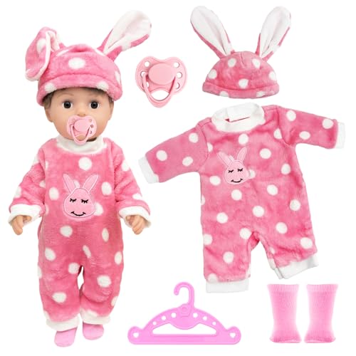 Puppenkleidung für 18 Zoll Babypuppen, Overall, Mütze, Socken, Kleiderbügel und Schnuller, Puppenkleidung kompatibel mit Neugeborenen von 30-45 cm, Mädchengeburtstag (Kaninchen) (Keine Puppe) von Xerteam