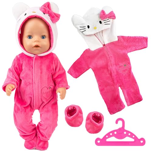 Puppenkleidung für Baby Puppen, Kleidung für 35-43 cm New Born Baby Puppen, Enthält Overall, Mütze, Socken und Kleiderbügel, Niedliche rosa Katze aus Baumwolle für Jungen und Mädchen von Xerteam