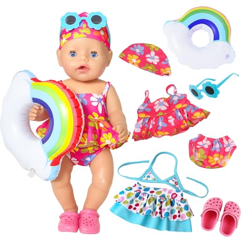 2 Stück Schwimmende Babypuppenkleidung 35,6–40,6 cm Puppenkleidung, Baby-Badeanzug + Kopfbedeckung + Regenbogen-Schwimmring + blaue Sonnenbrille + rosa Hausschuhe, 6 süße Puppen-Schwimmsets für von Xerteam