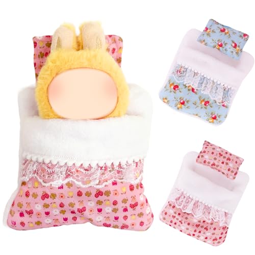Plüsch Zubehör für 17 cm Puppen, Puppenschlafsack + Kopfkissen im floralen Stil Puppen Zubehör mit tropischen Früchten, Blumenmuster mit Spitzenumrandung,Geschenke für kleine Mädchen von Xerteam
