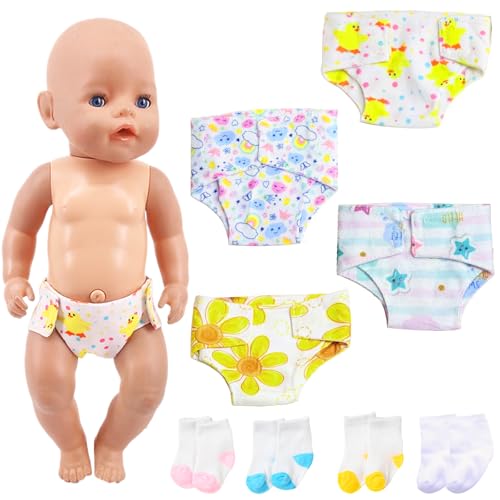 Xerteam 4 Puppenwindeln 4 Paar Puppensocken für Baby Puppen 30-43 cm, 8 Stück Puppenzubehör, Wiederverwendbar Puppen Windel Socken für 14-18" Puppen von Xerteam
