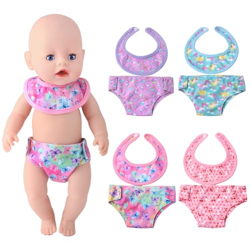 4 Puppenwindeln 4 Puppenlätzchen für 30-43 cm Puppen (12-18"), Bunt Puppenzubehör, Nettes Muster, Selbstklebendes Design, Wiederverwendbar, Puppen Windel Lätzchen Set von Xerteam