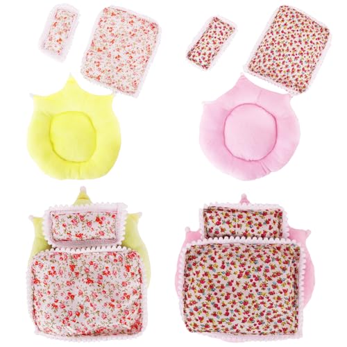 6 Stück Bettwäscheset, 2 Sets Puppenzubehör Enthalten Kissen, Decken, Matte, für 10-17cm Plüsch Puppen und 12-14 Zoll Bären, Pretend Play Geschenke für Kinder(Gelb, Rosa) von Xerteam