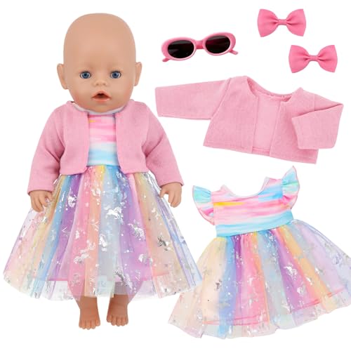 5 Stück Süßes Puppenkleidung für Baby Puppen, 14-18 Zoll Baby Puppen Kleidung mit Rosa Regenbogen Tüllrock Rosa Jacke Stirnband mit Brille und Schleife, Puppenkleidung 35-43cm Outfit 5 Stück Süßes Puppenkleidung für Baby Puppen, 14-18 Zoll Baby Puppen Kleidung mit Rosa Regenbogen Tüllrock Rosa Jacke Stirnband mit Brille und Schleife, Puppenkleidung 35-43cm Outfit von Xerteam