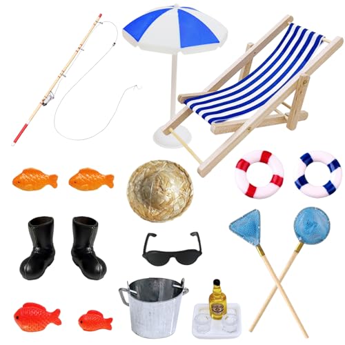 Xerteam 21 Stück Wichtel Angelrute Set, Miniatur Zubehör Puppenhaus Deko, Sommer Strand Mini Liegestuhl Deko mit Schwimmringe, Sonnenschirme, Fischernetze, Miniaturen 1:12 Puppenhäuser Geschenk von Xerteam
