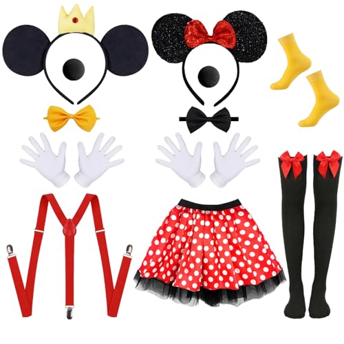 Xerteam 12-teiliges Maus Mouse Kostüm Set, Damen Herren Karnevalskostüm Maus-Kostüm mit Maus-Ohren Stirnbändern, Fliegen, Nasen, Handschuhen, Hosenträgern, Tutu-Rock, Socken, Karneval Cosplay Kostüm von Xerteam