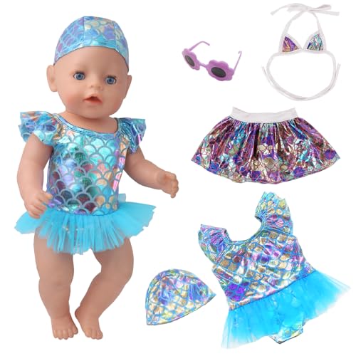 Xerteam 2 Sets 35-43cm Schwimmpuppe Schwimmset Kleidung, Sommer Puppenkleidung Badeanzug, Bikini Schwimmanzug, Einteiliger Badeanzug, Badekappe, Sonnenbrille, für Mädchen Jungen (Blau+Lila) von Xerteam