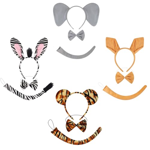 Xerteam 4 Sets Tierohren für Erwachsene, Tierkostüm Erwachsene mit Löwe + Giraffe + Zebra + Tiger Kostüm, Halloween Stirnbänder/Krawatte/Schwanz für Mann und Frau von Xerteam