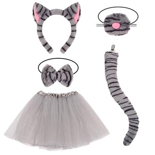 Xerteam 5 Stück getigerte Katzenkostüm-Accessoires für Mädchen, graues Katzenkostüm mit Stirnband, Nase, Fliege, Tutu, Rock, Schwanz, Tierkostüm für Welttag des Buches, Karneval, Fasching, Cosplay Xerteam 5 Stück getigerte Katzenkostüm-Accessoires für Mädchen, graues Katzenkostüm mit Stirnband, Nase, Fliege, Tutu, Rock, Schwanz, Tierkostüm für Welttag des Buches, Karneval, Fasching, Cosplay von Xerteam