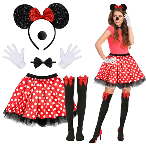 Xerteam 6 Stück Maus Mouse Kostüm für Mädchen Damen, Süßes Mini Mauskostüm für Erwachsene, Mausohren-Stirnband+Roter Tutu-Rock+Nase+Fliege+Handschuhe+Socken für Cosplay, Halloween, Verkleidungsparty von Xerteam