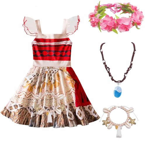 Xerteam Abenteuer Prinzessin Kostüm Kinder, Hawaii Kleid für 3-4 Jahre Mädchen, Karneval Verkleidung mit Halskette Blumenkrone Armband, Halloween Geburtstag Party Therm Party Cosplay Dresses von Xerteam