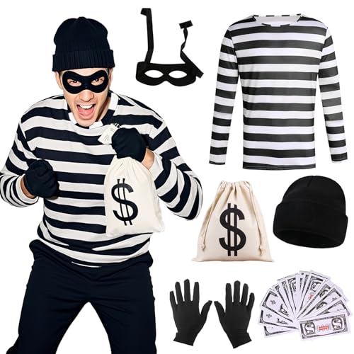 Xerteam Erwachsene Einbrecher Kostüm, Räuber Verkleidung Kostüm Set, Erwachsene Räuber Dieb Outfits mit schwarz und weiß gestreiften Oberteil, Augenmaske, Handschuhe, Segeltuch, Tasche, Hut für Xerteam Erwachsene Einbrecher Kostüm, Räuber Verkleidung Kostüm Set, Erwachsene Räuber Dieb Outfits mit schwarz und weiß gestreiften Oberteil, Augenmaske, Handschuhe, Segeltuch, Tasche, Hut für von Xerteam