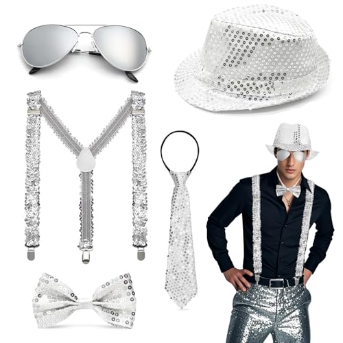 Xerteam Glitzer Outfit Herren, Pailletten Kostüme Herren mit Glitzer Hut Fliege Krawatte Y-Back Hosenträger Silber Gläser, Disco Kostüm Accessoires für Fasching Disco Retro-Party (Silber Pailletten) Xerteam Glitzer Outfit Herren, Pailletten Kostüme Herren mit Glitzer Hut Fliege Krawatte Y-Back Hosenträger Silber Gläser, Disco Kostüm Accessoires für Fasching Disco Retro-Party (Silber Pailletten) von Xerteam