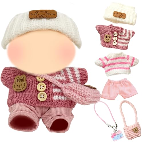 Xerteam Puppenkleidung für 17cm Plüschpuppe, 6 Stück Rosa Pullovers Kopfbedeckungen & Taschen für 17 cm Puppen, Plüsch Puppenzubehör Süßes süßes Outfit (Ohne Puppe) von Xerteam