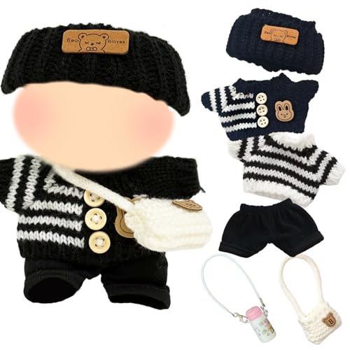 Xerteam Puppenkleidung für 17cm Plüschpuppe, 6 Stück Schwarz Pullovers Kopfbedeckungen & Taschen für 17 cm Puppen, Plüsch Puppenzubehör Süßes süßes Outfit (Ohne Puppe) von Xerteam