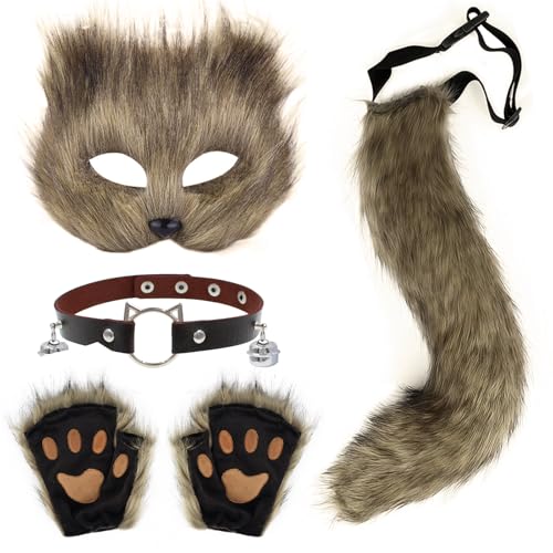 Xerteam Kunstpelz Fuchs Kostüm, Fuchs Cosplay Kostüm Set Plüsch Fuchsschwanz Fuchs Maske Glocken Halskette Fuchshandschuhe, Geeignet für Halloween Karnevals Cosplay Partys von Xerteam