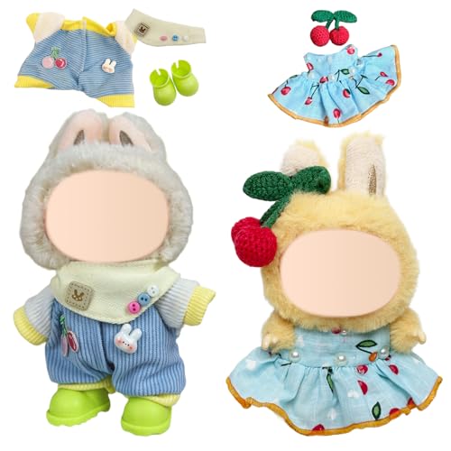Xerteam 2 Sets 17cm Puppe Kleidung, 1 Rock+1 Kirschhaarnadel+1 Einteiliger Pullover+1 Paar Schuhe+1 Lätzchen, Süßer Sommerstil Bekleidung Kompatibel mit Labubu-Plüsch, Lieblingsgeschenk Kinder(Blau) von Xerteam