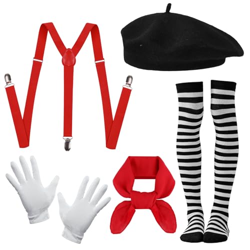 Xerteam Pantomime Kostüm Damen Herren, Karneval Pantomime Kostüm Schwarze Baskenmütze Rote Schal Schwarz-weiß Gestreifte Strümpfe Weiße Handschuhe Hosenträger, Faschingskostüme Karneval Kostüm Xerteam Pantomime Kostüm Damen Herren, Karneval Pantomime Kostüm Schwarze Baskenmütze Rote Schal Schwarz-weiß Gestreifte Strümpfe Weiße Handschuhe Hosenträger, Faschingskostüme Karneval Kostüm von Xerteam