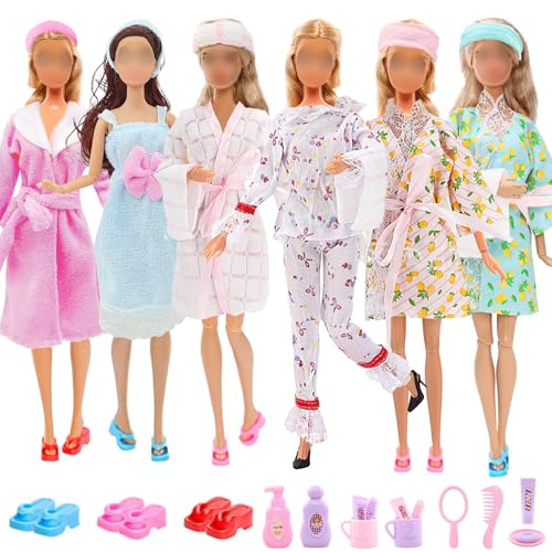25 Puppenkleidungs und Zubehörset Kompatibel mit Barbie Puppe, 5 modischen Schlafanzügen Bademantel Pyjamas 3 Hausschuhen 4 Kopftüchern 1 Badetuch 12 Badezimmer Accessoires für 11,5 Zoll Mädchenpuppen von Xerteam