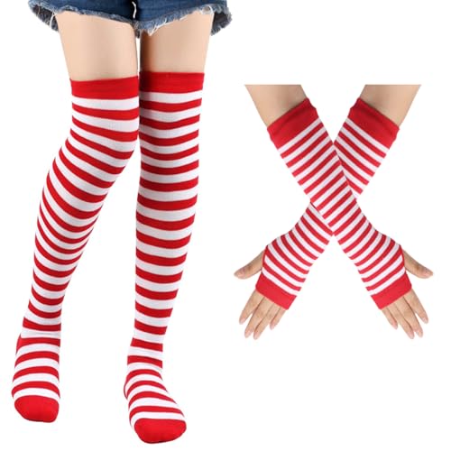 Xerteam Rot Gestreifte Kniestrümpfe und Handschuhe Damen, Modische Fingerlose Armstulpen und Kniestrümpfe, Rot-weiß Gestreiftes Kostüme Zubehör für Cheerleader Karneval Fasching Halloween Cospla Xerteam Rot Gestreifte Kniestrümpfe und Handschuhe Damen, Modische Fingerlose Armstulpen und Kniestrümpfe, Rot-weiß Gestreiftes Kostüme Zubehör für Cheerleader Karneval Fasching Halloween Cospla von Xerteam