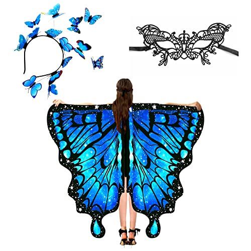 Xerteam Schmetterlingsflügel Erwachsene, Schmetterling Kostüm Damen mit Damen Spitze Maske und Schmetterling Haarreif, Karneval Kostüm Damen Schmetterlingsflügel für Fasching Karneval (Blue) von Xerteam