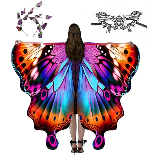 Xerteam Schmetterlingsflügel Erwachsene Damen Schmetterling Kostüm mit Damen Spitze Maske und Schmetterling Haarreif für Fasching Karneval (Rose Red+Blue) von Xerteam