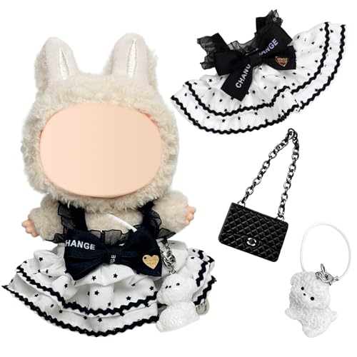 Niedliche und Klassische Puppenkleidung für 17cm Puppen, Modische Plüsch Puppenkleidung für 17cm Puppen mit Schwarzem Schmetterlingsrock Kettentasche Weißer Welpentasche, Kinder Geschenke(Ohne Puppe) von Xerteam