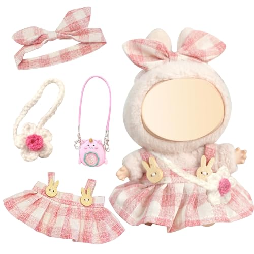 Xerteam Kleidung für 17cm Puppe, 3 Stück Rosa Kariert Puppenkleidung mit Blumentasche, Plüsch Puppe Zubehör Kleidungsset, Junge und Mädchen(Ohne Puppe) von Xerteam