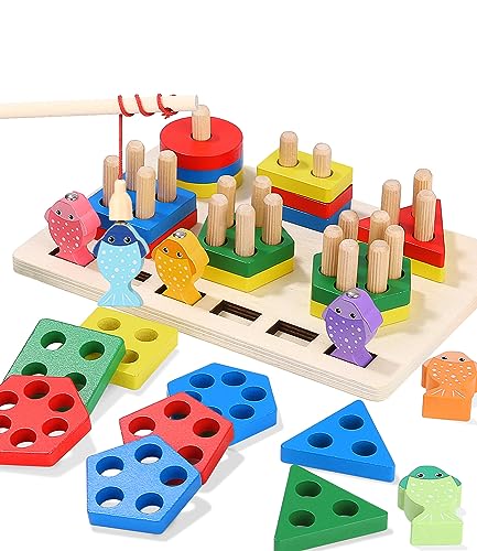 Xespis Montessori Spielzeug 1 2 3 Jahre, 2-in-1 Holzspielzeug ab 1 Jahr, für Jungen und Mädchen, Motorikspielzeug, Steckspiel, Angelspiel, Baby Spielzeug, für Kinder als Geburtztag Geschenk von Xespis