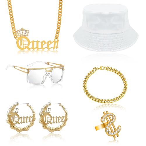Xgvzs Hip-Hop-Kostüm-Zubehör, Hip-Hop-Kostüm, Rapper, Hippie-Zubehör, weißer Eimerhut, Halskette für Damen, für Karneval, Partyzubehör, 7 Stück von Xgvzs