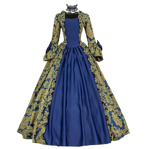XiBeiLuoLi Renaissance Damen Blau und Weinrot Floral Jacquard Viktorianisches Kleid Mittelalter Vintage Historisches Kostüm (Blau, XXL) von XiBeiLuoLi