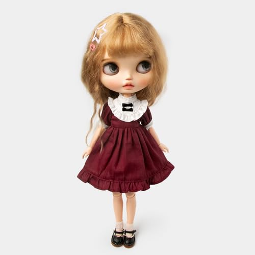 XiDonDon Puppenkleidung mit Vintage-Schleifenkleid für Blyth, OB22, OB24, OB27, Licca, Azone BJD Puppenkleidung, Spielzeug, Accessoires, Geschenke (nur Kleidung) (Wine Red) von XiDonDon