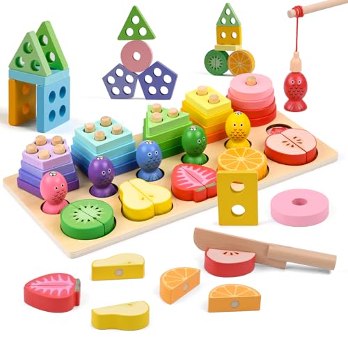 XiYee 3-in-1 Montessori Spielzeug, Holz Sortier & Stapelspielzeug Steckpuzzle mit 20 Geometrische Baukasten, Magnetisches Angelspiel, 3-in-1 Montessori Spielzeug, magnetisches (B) von XiYee