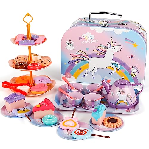 XiYee 48 Pcs Teeservice Kinder, Tee Set Kinder mit Einhorn Koffer, Teeparty Rollenspiel für kleine Mädchen, Teeservice mit Dessert, Teeservice Kinderküche für Kinder Mädchen (B) von XiYee