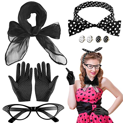 XiYee 50er Jahre Accessoires, 1950s Rockabilly Accessoires Damen Polka Dots Bandana Haarband Schal Ohrringe Handschuhe Katzenaugen Sonnenbrille Damen Vintage von XiYee