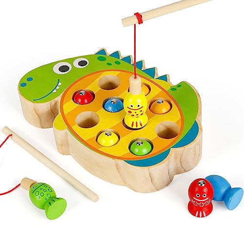 XiYee Angelspiel Holz ab 2 Jahre, Montessori Magnetische Angelspiel Holzspielzeug, Motorikspielzeug Angel Spiel für Kinder Lernspielzeug Holzpuzzle Fische Angeln Geschenk (Dinosaurier) von XiYee