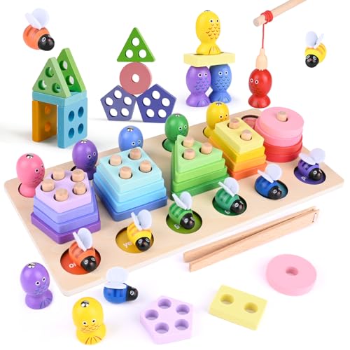 XiYee 3-in-1 Montessori Spielzeug, Holz Sortier & Stapelspielzeug Steckpuzzle mit 20 Geometrische Baukasten, Magnetisches Angelspiel, 3-in-1 Montessori Spielzeug, magnetisches (A) von XiYee