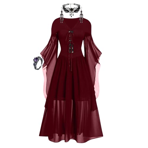 Xiangdanful Gothic Kleid Kostüm Damen,Renaissance Kleid Mädchen,Vintage Maxikleid,Mittelalter Kleid Frauen,Club Party Cosplay Kostüm Karneval Y2K,Set 4-teilig von Xiangdanful