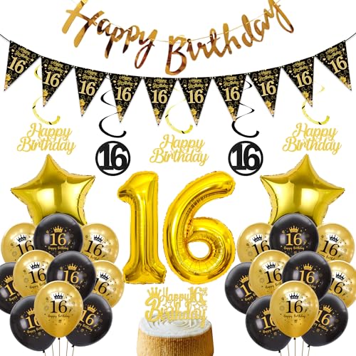 Xietaea 16 Geburtstag Deko Jungen Mädchen - Schwarz Gold Luftballons Happy Birthday Girlande Tortendeko, XXL Zahlenballon Hängende Spiralen und Wimpel für 16 Jahre Geburtstagsdeko von Xietaea