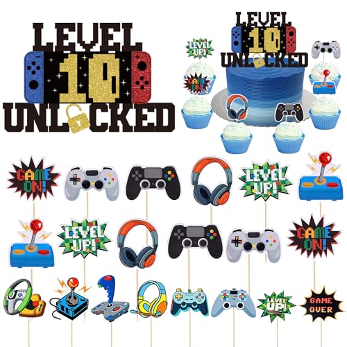 21 Stück Videospiel Tortendeko Deko 10 Geburtstag Junge - 10. Geburtstagsdeko Gaming Level Unlocked Kuchendeko, Game Thema Dekoration Spielkonsolen Cupcake Topper für 10 Jahr Kindergeburtstag von Xietaea
