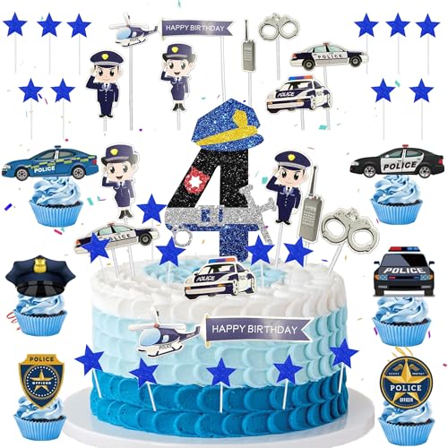 4. Polizei Geburtstag Deko Tortendeko - 42 Stück Polizeiauto Cupcake Topper, Happy Birthday Kuchendeko, Auto Cake Topper, Polizei Deko Kindergeburtstag 4 Jahre Alt, Geburtstagsparty für Jungen 4. Polizei Geburtstag Deko Tortendeko - 42 Stück Polizeiauto Cupcake Topper, Happy Birthday Kuchendeko, Auto Cake Topper, Polizei Deko Kindergeburtstag 4 Jahre Alt, Geburtstagsparty für Jungen von Xietaea