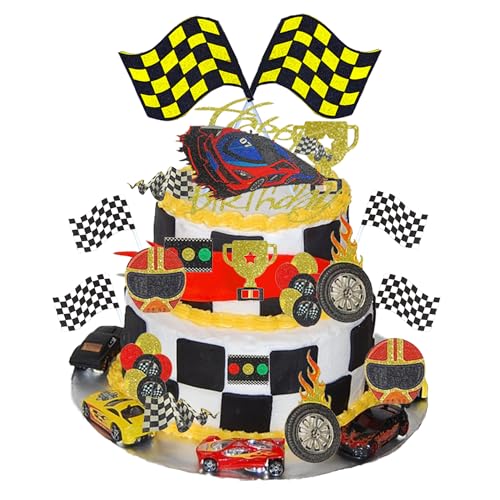Rennauto Geburtstagsdeko Auto Tortendeko - 31 Stück Racing Car Geburtstag Party Set mit Happy Birthday Tortendeko, Racing Kuchendeko, Rennwagen Kuchen Geburtstag Deko für Junge und Mädchen von Xietaea